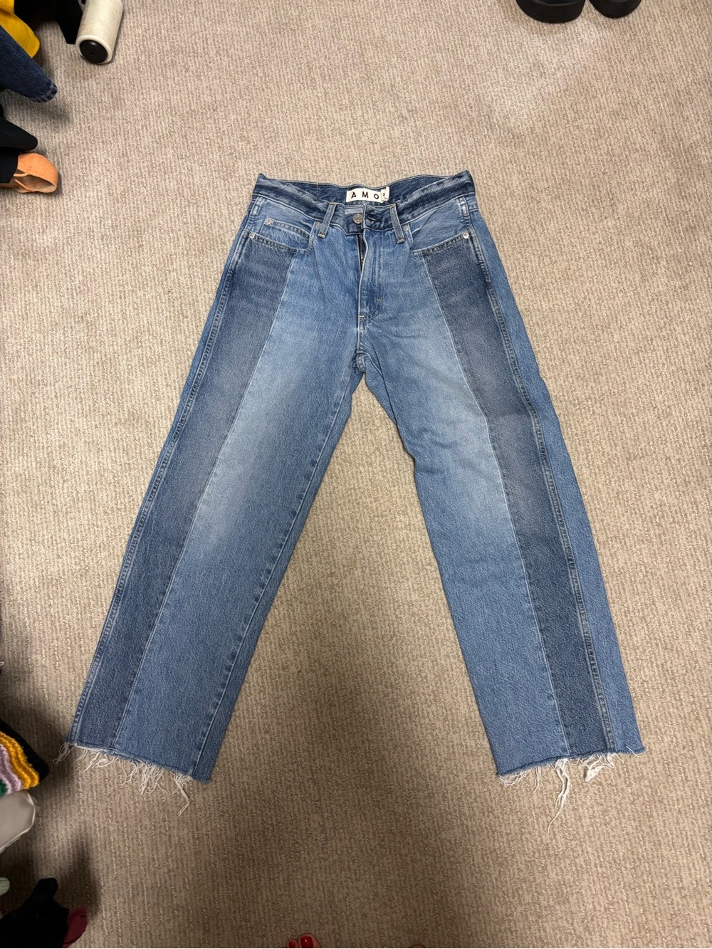 AMO Two-Tone Blue Straight Leg Jeans with Raw Hem